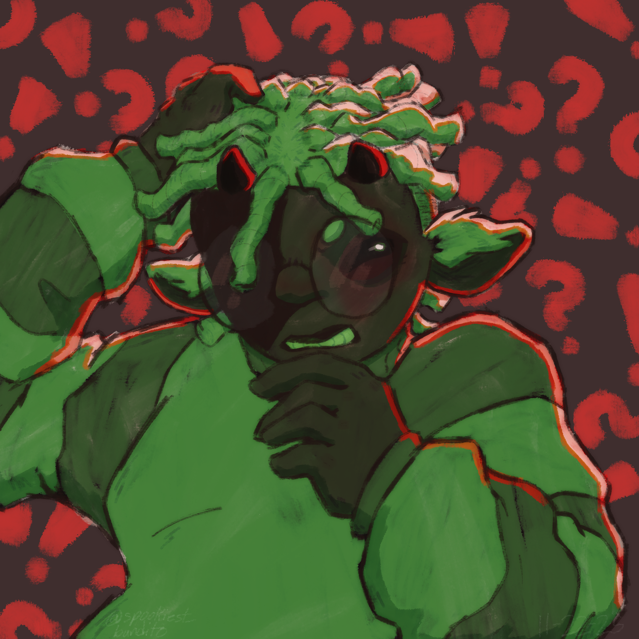 whuh?! (2025). A drawing of Marley holding his head while looking at something confusedly off screen. There are question marks and exclaimation points taking up the space behind him.